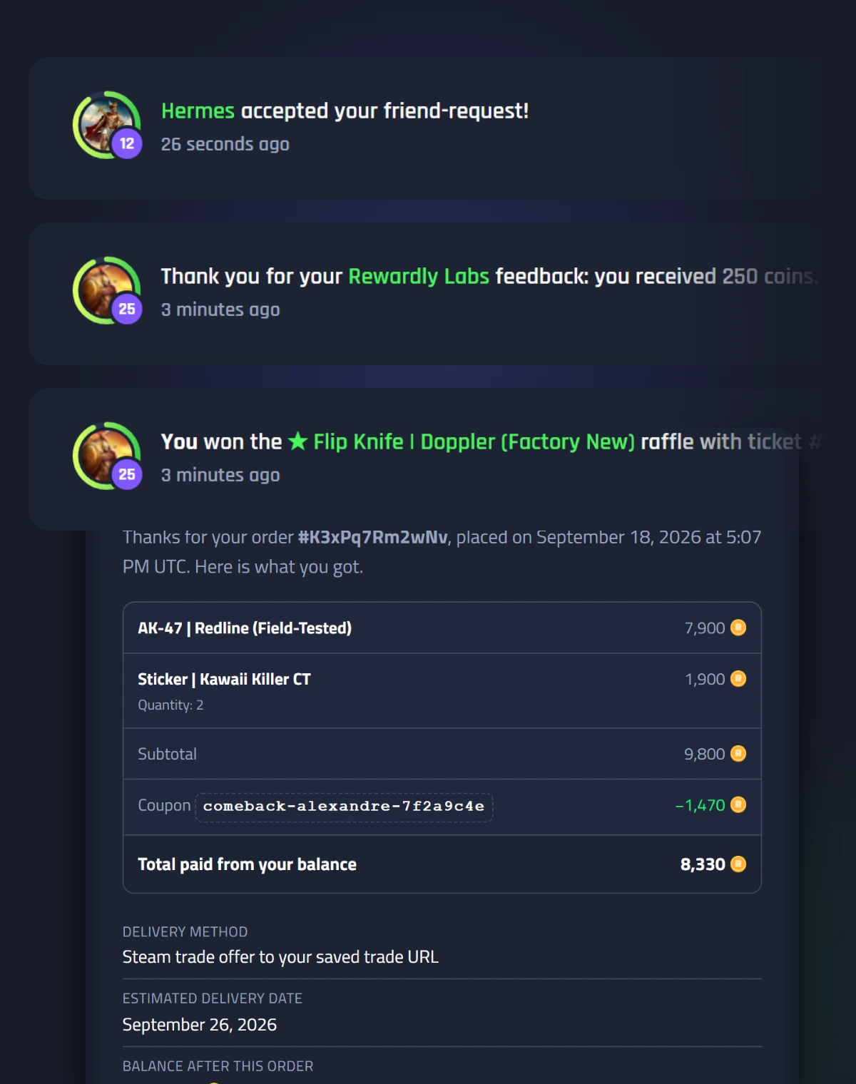 Three notification cards stacked over the redesigned order receipt email: the first from a friend who accepted a request, showing that friend's picture, level and XP ring, then a Labs feedback reward and a raffle win, with the receipt's item table, coupon and totals visible beneath
