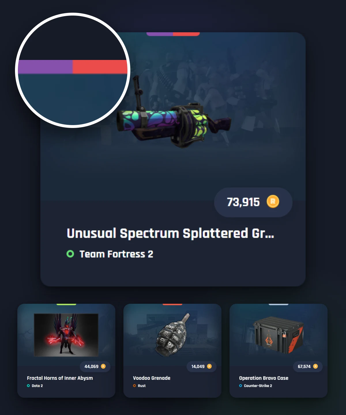 An Unusual Team Fortress 2 war paint's shop card with a magnifier over the colour tab at its top, showing the purple Unusual half and the red Elite grade half, and three smaller cards beneath it for a Dota 2 Arcana, a Rust grenade and a Counter-Strike 2 case, each with its own tab