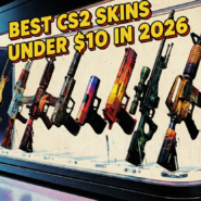 Comic-style illustration of colorful CS2 weapon skins displayed in a glass showcase, featuring rifles, pistols, and SMGs with vibrant designs representing the best budget CS2 skins under $10