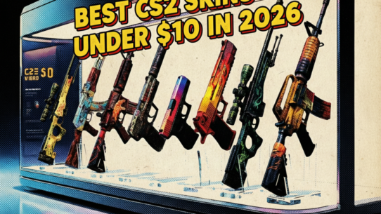 Comic-style illustration of colorful CS2 weapon skins displayed in a glass showcase, featuring rifles, pistols, and SMGs with vibrant designs representing the best budget CS2 skins under $10