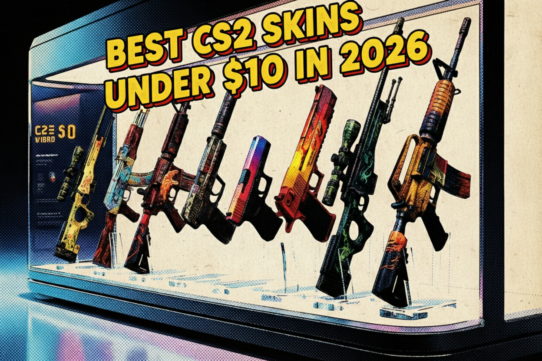 Comic-style illustration of colorful CS2 weapon skins displayed in a glass showcase, featuring rifles, pistols, and SMGs with vibrant designs representing the best budget CS2 skins under $10