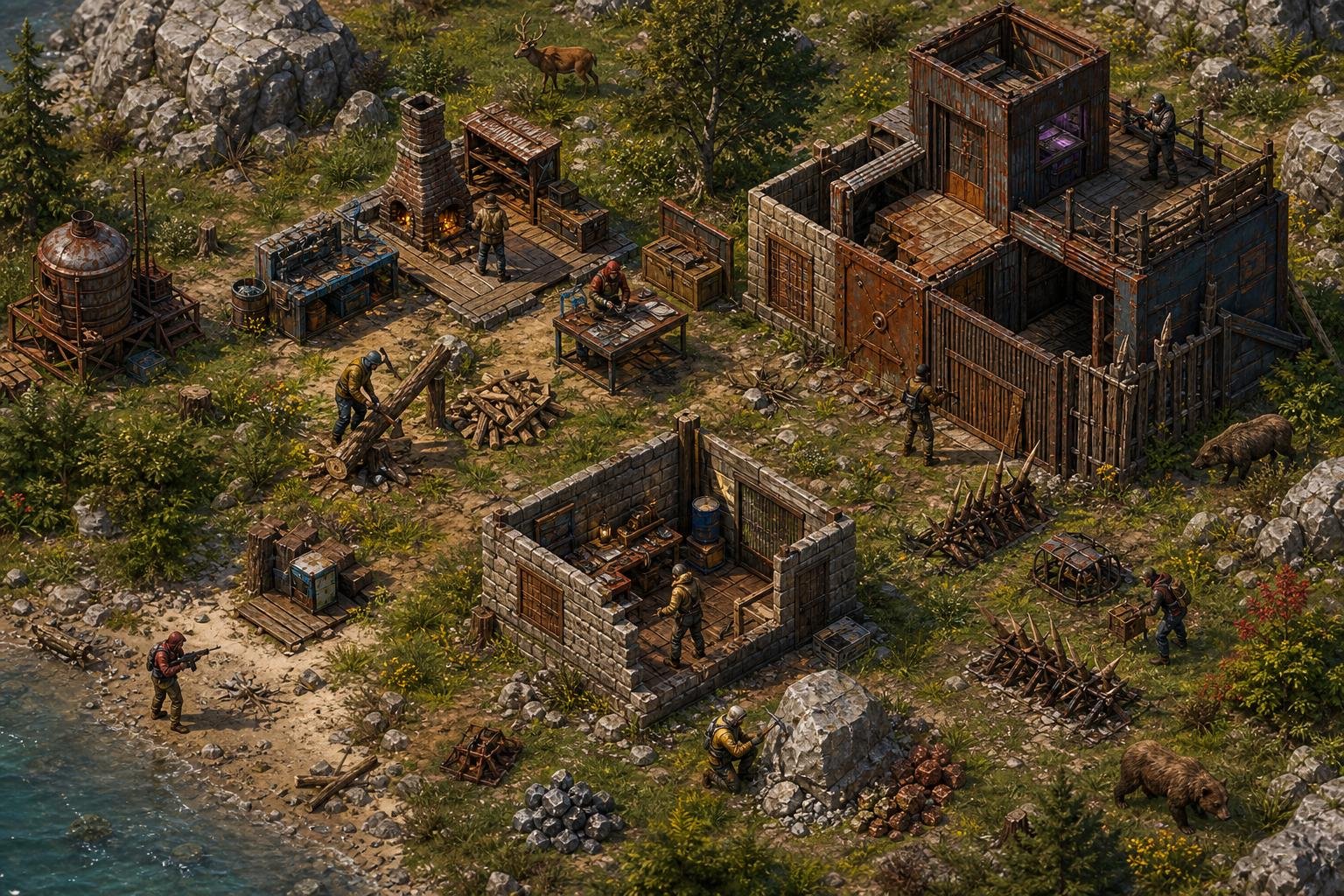 An isometric view of a game environment showing characters gathering resources, building shelters, and testing weapons in a forested area with scattered metal and wood debris.