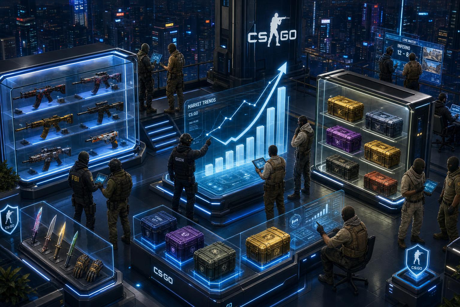 A futuristic gaming hub with display cases of virtual game cases, gamers and investors examining holographic data and charts about investment, with digital security symbols integrated into the scene.