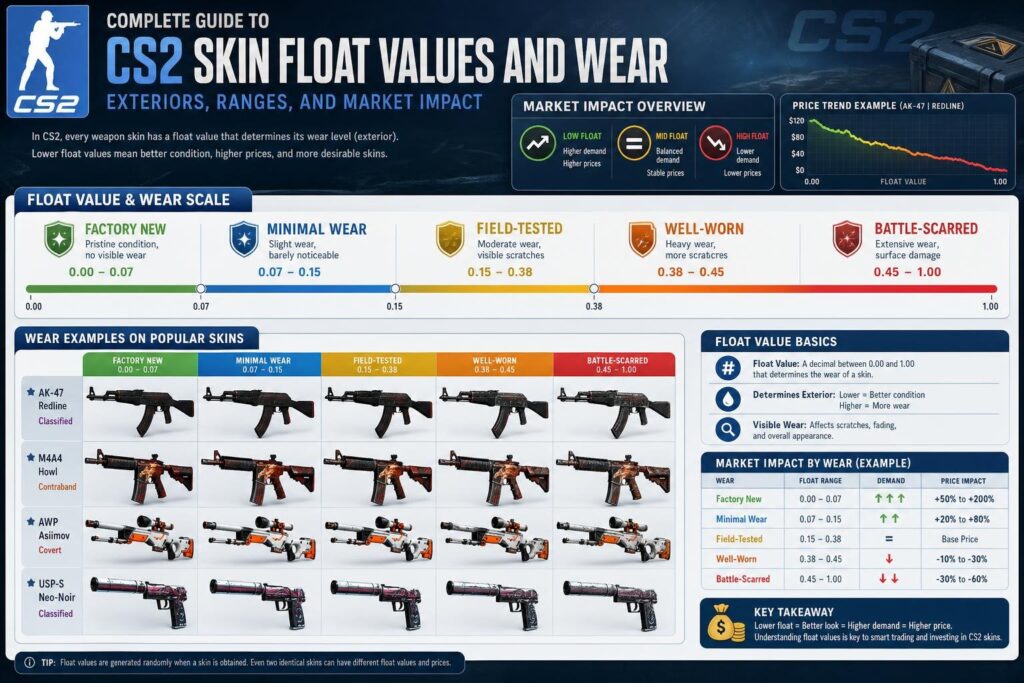 Complete Guide to CS2 Skin Float Values and Wear: Exteriors, Ranges, and Market Impact 14 cs2 skin float values