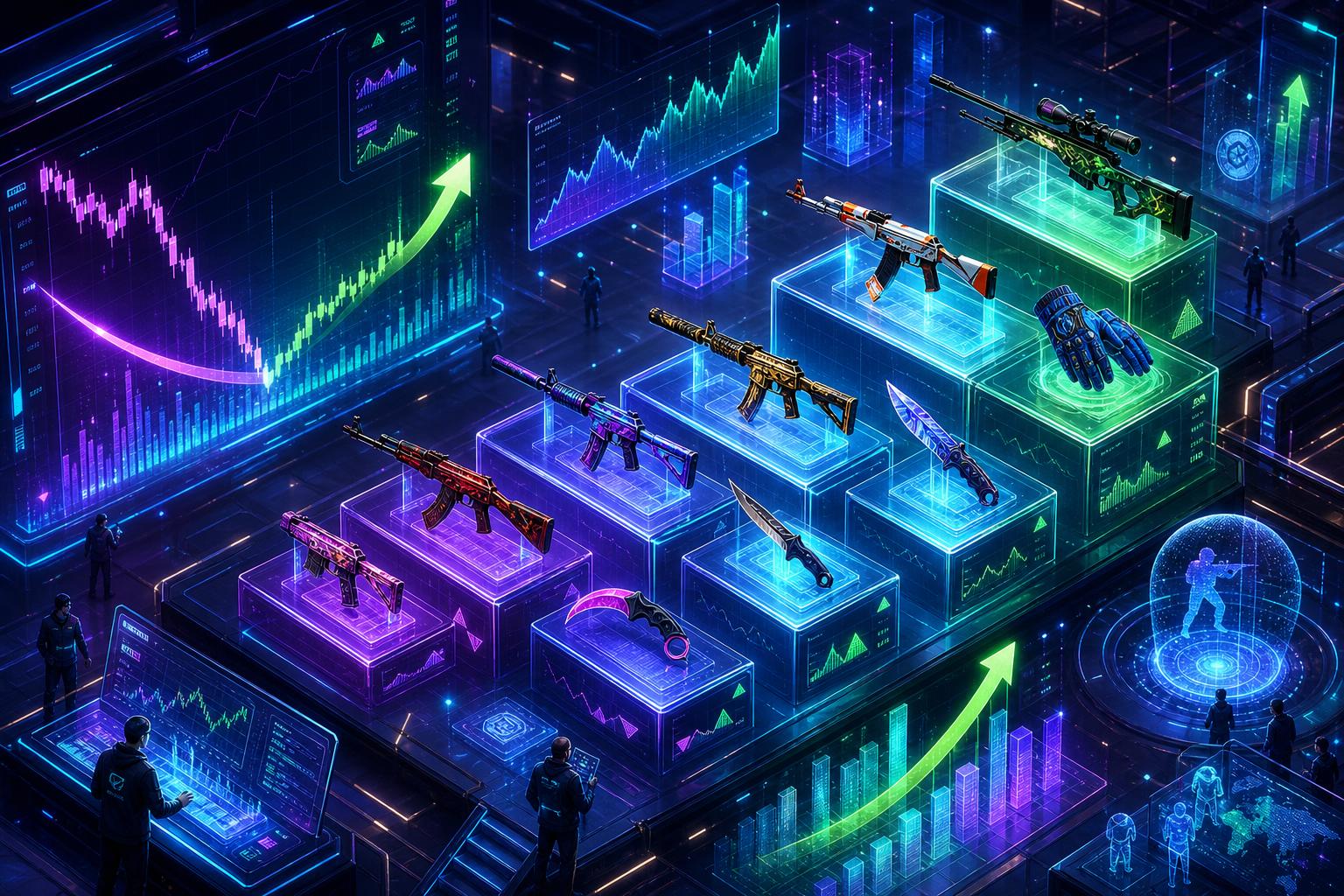 Isometric view of a futuristic digital marketplace with virtual skins displayed on platforms and holographic graphs showing market recovery trends.