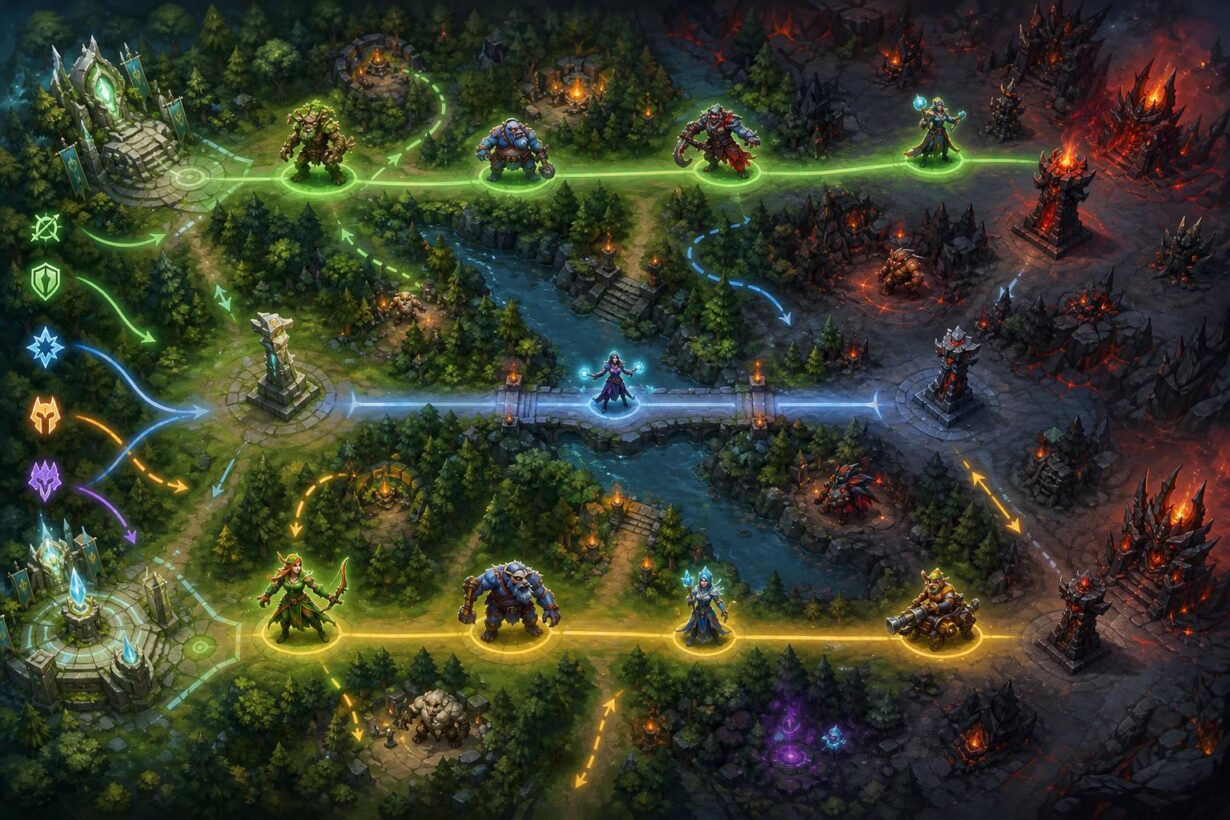 Isometric fantasy game map showing three lanes with hero characters, colored arrow paths, forests, a river, and opposing bases