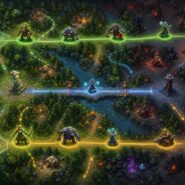 Isometric fantasy game map showing three lanes with hero characters, colored arrow paths, forests, a river, and opposing bases