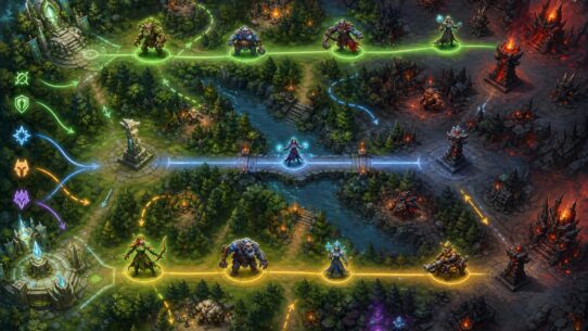 Isometric fantasy game map showing three lanes with hero characters, colored arrow paths, forests, a river, and opposing bases