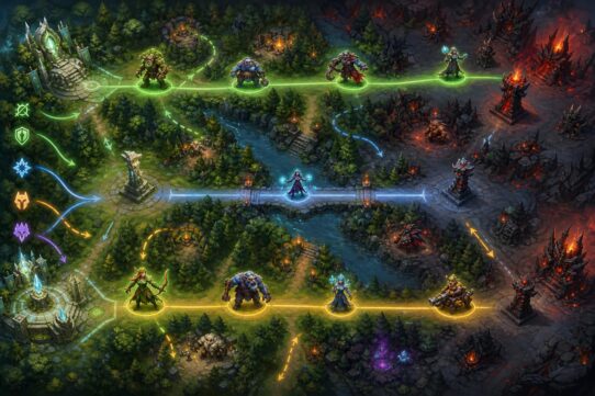 Isometric fantasy game map showing three lanes with hero characters, colored arrow paths, forests, a river, and opposing bases