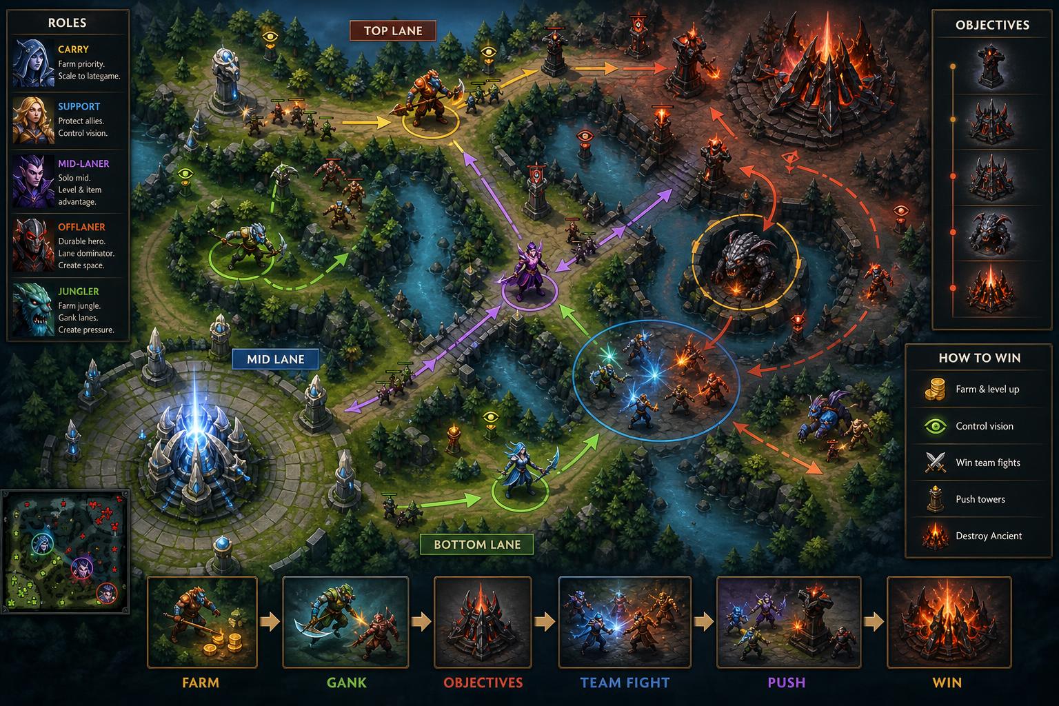 Top-down view of a Dota 2 battlefield showing heroes in their lanes and jungle, with key objectives like towers and Roshan pit, illustrating team roles and strategies.