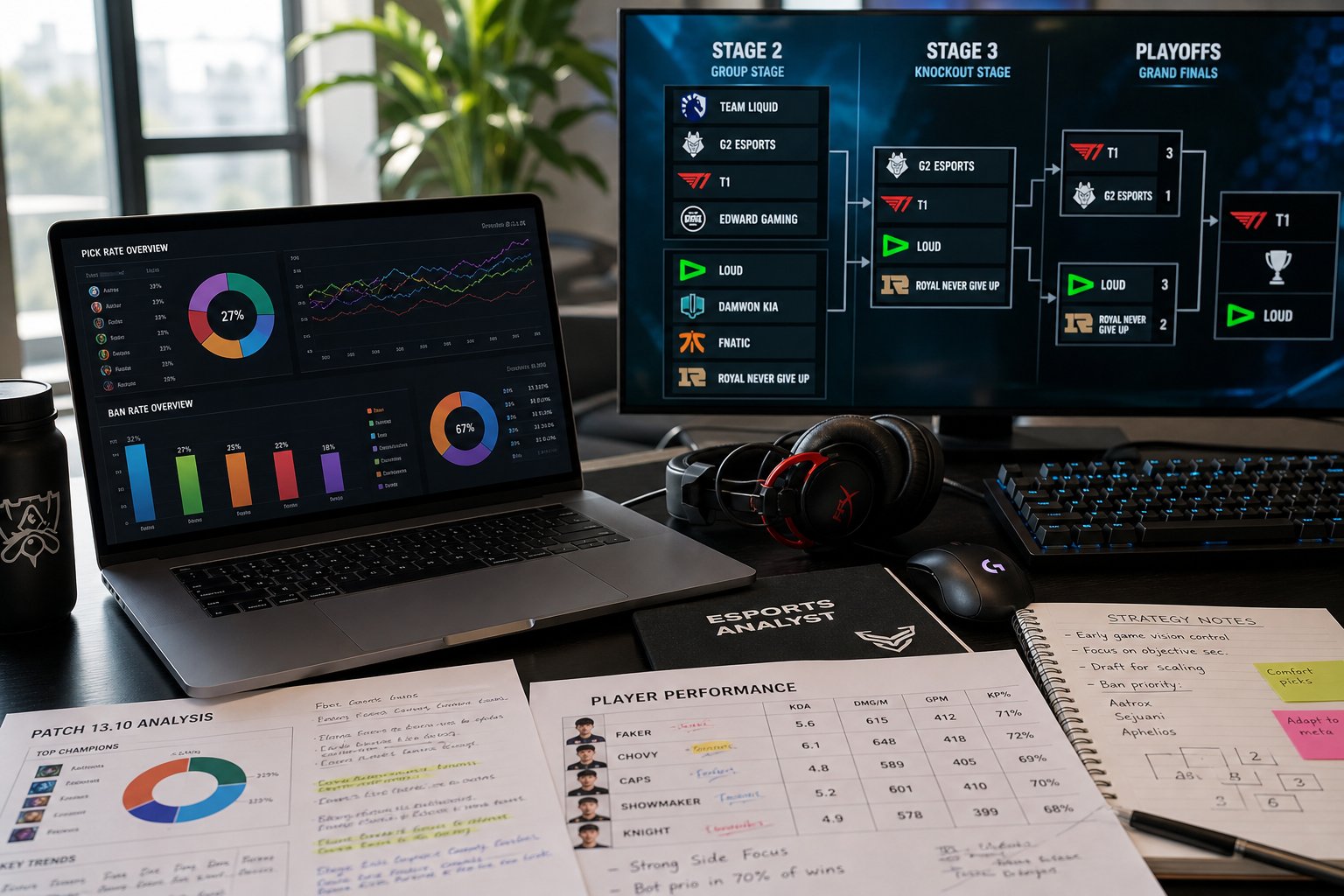 A workspace with a laptop showing charts and graphs, gaming headphones, and a monitor displaying esports tournament brackets.