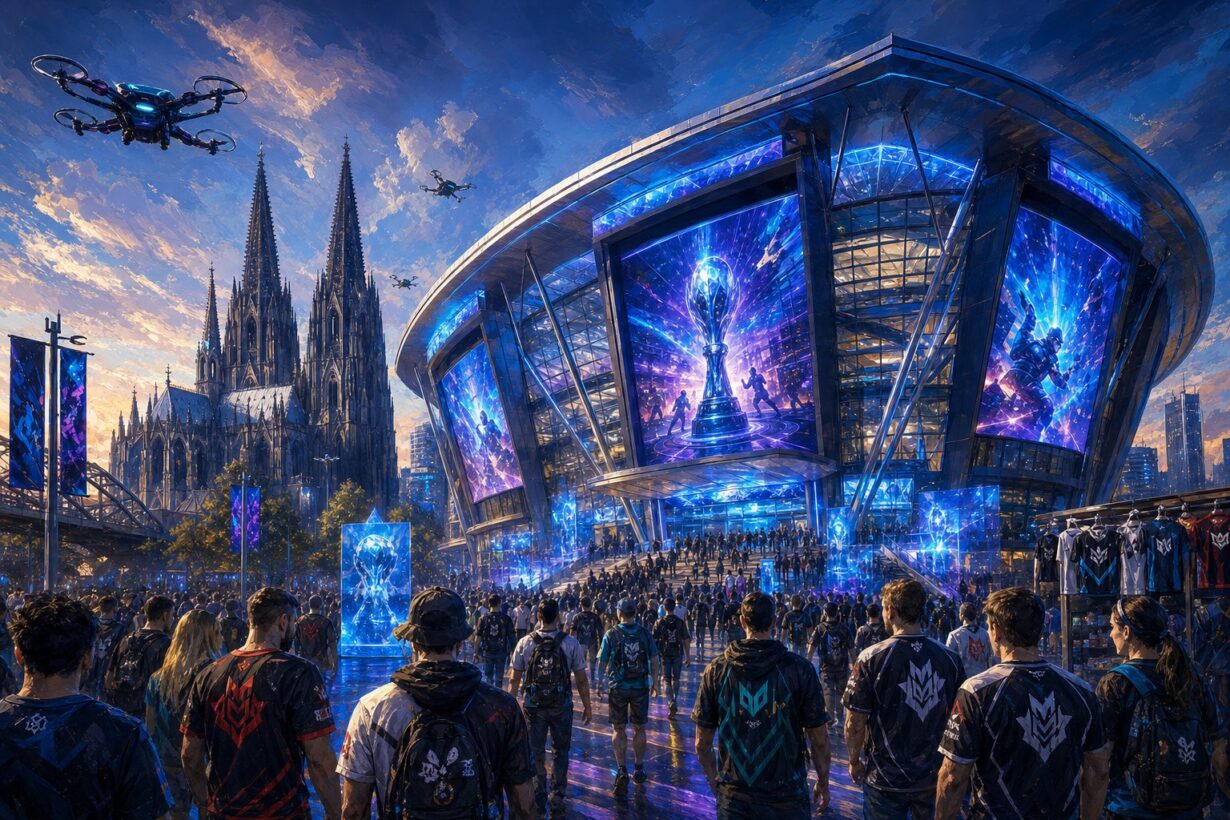 Illustrated crowd of esports fans in team jerseys approaching a futuristic arena with glowing blue screens, Cologne Cathedral in the background