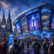 Illustrated crowd of esports fans in team jerseys approaching a futuristic arena with glowing blue screens, Cologne Cathedral in the background