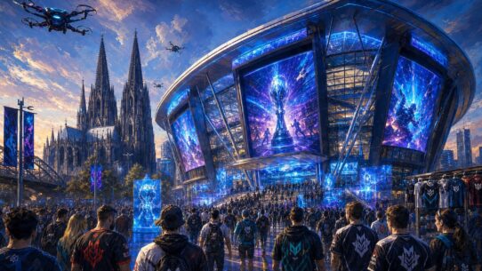 Illustrated crowd of esports fans in team jerseys approaching a futuristic arena with glowing blue screens, Cologne Cathedral in the background