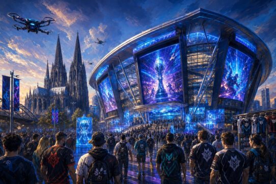 Illustrated crowd of esports fans in team jerseys approaching a futuristic arena with glowing blue screens, Cologne Cathedral in the background