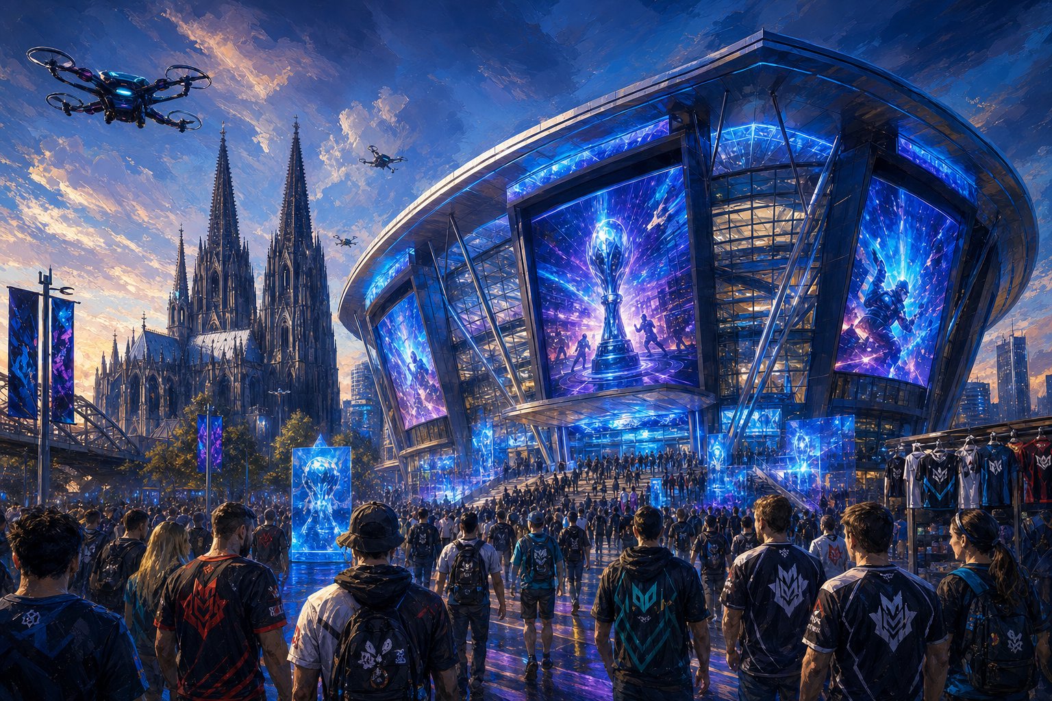 Illustrated crowd of esports fans in team jerseys approaching a futuristic arena with glowing blue screens, Cologne Cathedral in the background
