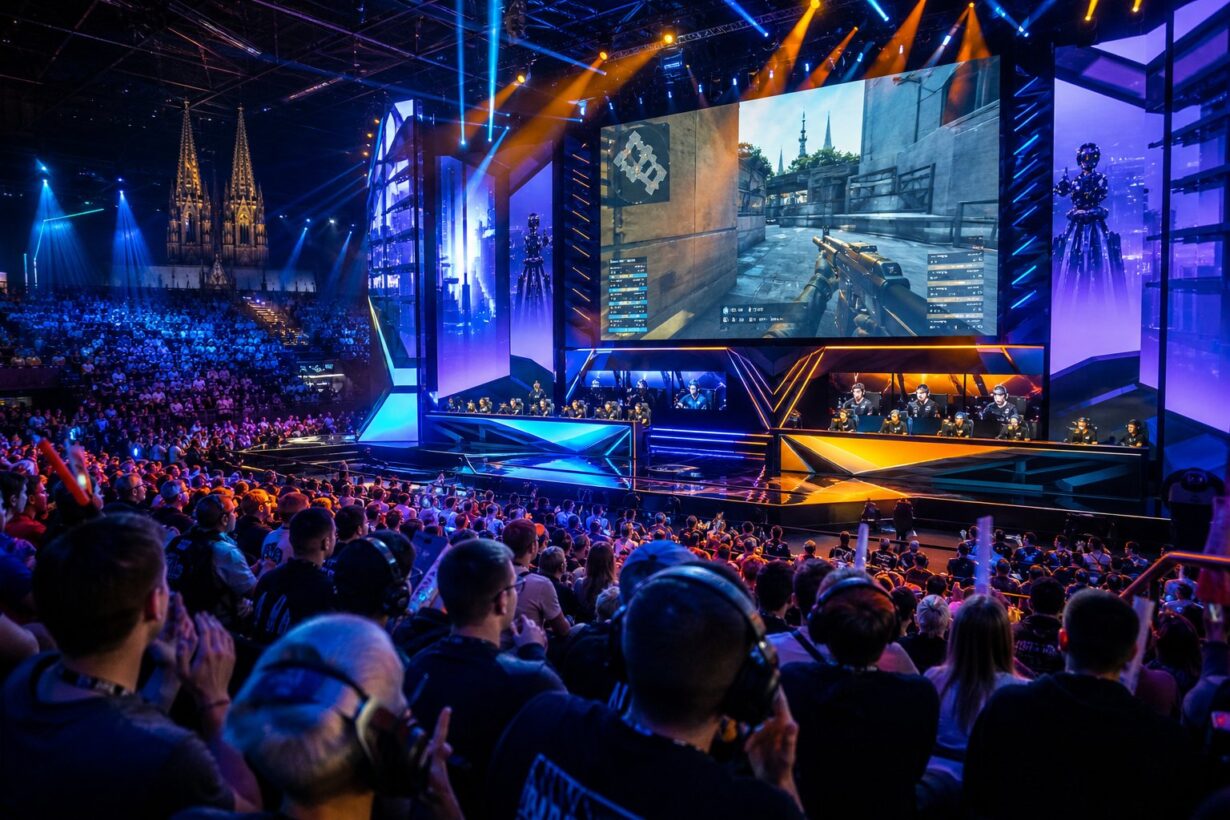 Large esports arena filled with spectators watching two teams compete on stage beneath a giant screen displaying a first-person shooter game