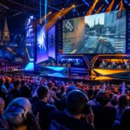 Large esports arena filled with spectators watching two teams compete on stage beneath a giant screen displaying a first-person shooter game