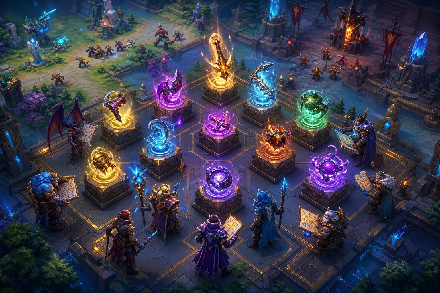 Dota 2 Patch 7.41: Key Changes You Need to Know 15 A detailed isometric scene showing glowing Dota 2 items on pedestals with miniature heroes examining them on a stylized battlefield map.