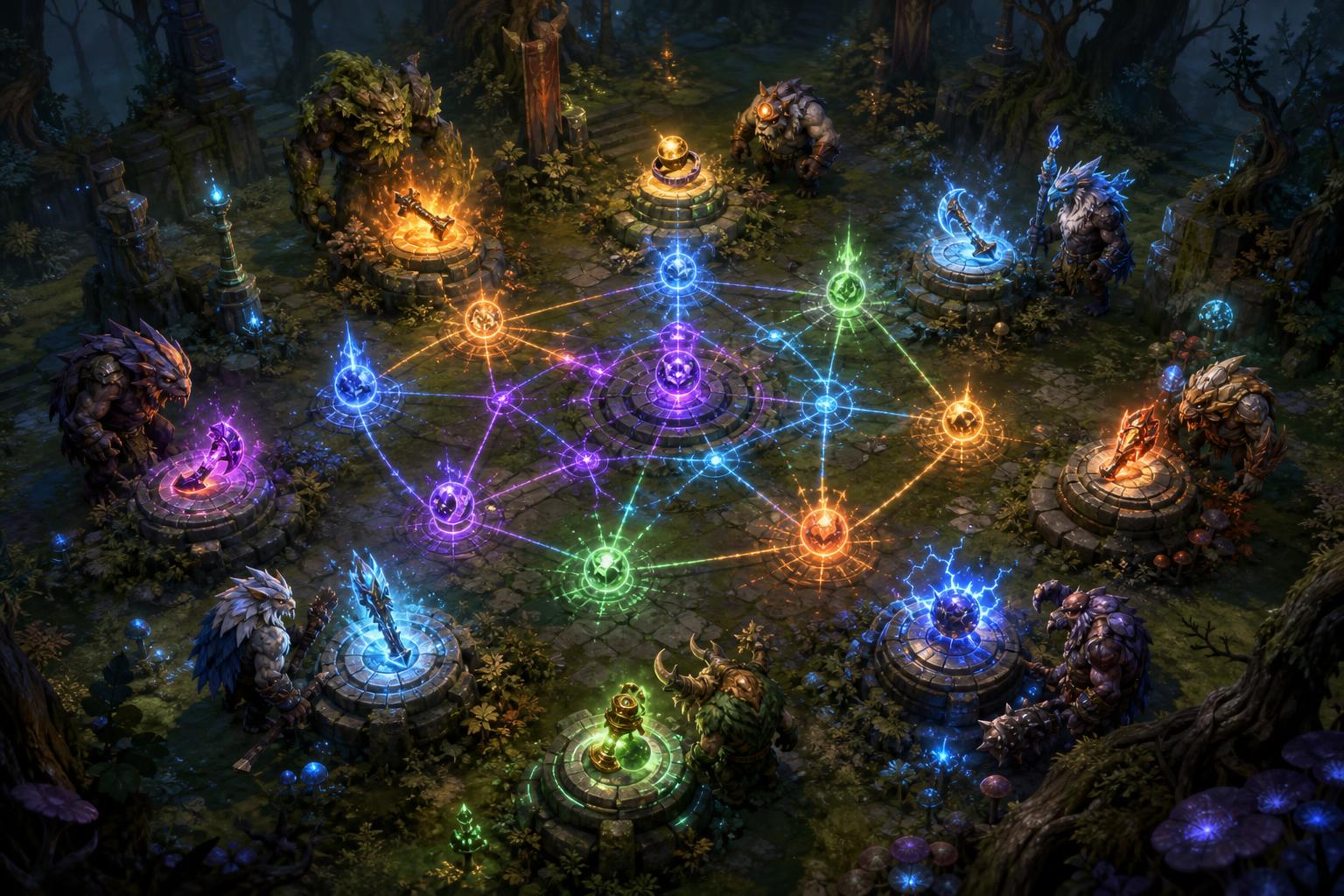 Dota 2 Patch 7.41: Key Changes You Need to Know 16 An isometric view of a mystical forest clearing with magical items on stone pedestals surrounded by glowing runes and enchanted elements.