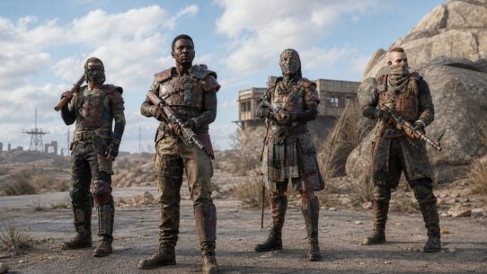 Four armored warriors in post-apocalyptic scrap-metal gear stand armed in a barren, rocky wasteland