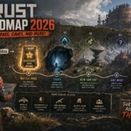 Rust Roadmap 2026 infographic showing quarterly updates: Q1 Battle Pass, Q2 Caves, Q3 New Content, Q4 And More, plus vehicles, electricity, weapons, decor, and community features