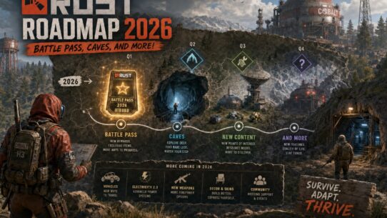 Rust Roadmap 2026 infographic showing quarterly updates: Q1 Battle Pass, Q2 Caves, Q3 New Content, Q4 And More, plus vehicles, electricity, weapons, decor, and community features