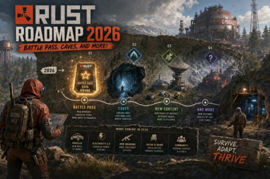 Rust Roadmap 2026 infographic showing quarterly updates: Q1 Battle Pass, Q2 Caves, Q3 New Content, Q4 And More, plus vehicles, electricity, weapons, decor, and community features