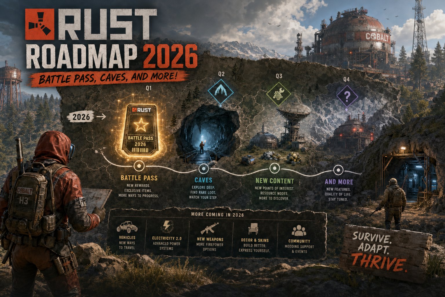 Rust Roadmap 2026 infographic showing quarterly updates: Q1 Battle Pass, Q2 Caves, Q3 New Content, Q4 And More, plus vehicles, electricity, weapons, decor, and community features