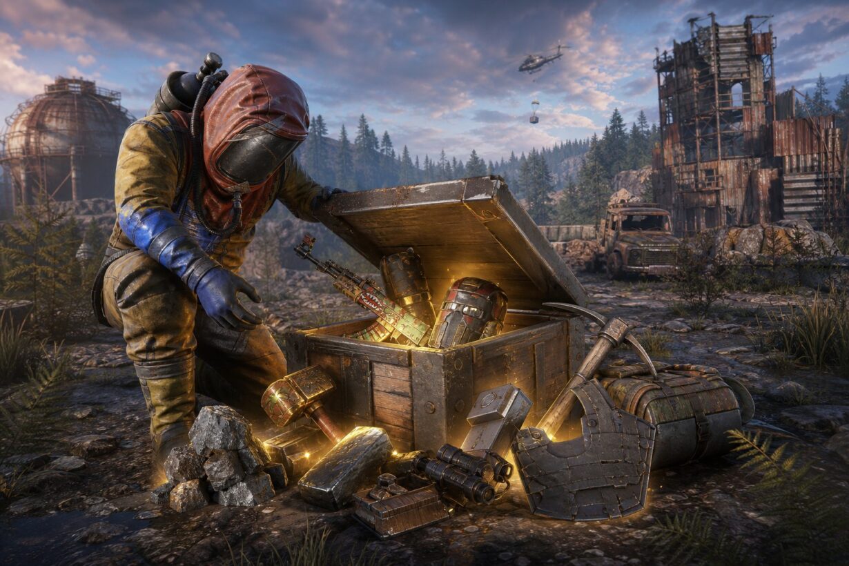 A post-apocalyptic survivor in a gas mask opens a glowing loot chest filled with weapons and gear in a ruined landscape