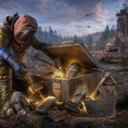 A post-apocalyptic survivor in a gas mask opens a glowing loot chest filled with weapons and gear in a ruined landscape