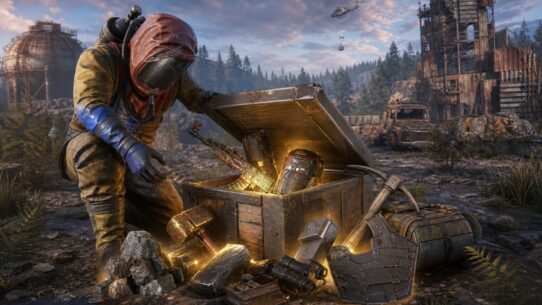 A post-apocalyptic survivor in a gas mask opens a glowing loot chest filled with weapons and gear in a ruined landscape