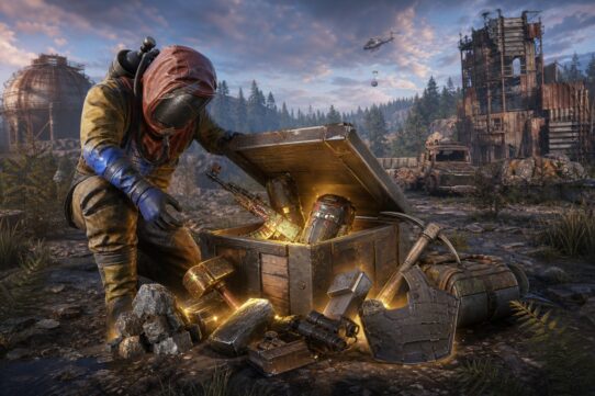A post-apocalyptic survivor in a gas mask opens a glowing loot chest filled with weapons and gear in a ruined landscape