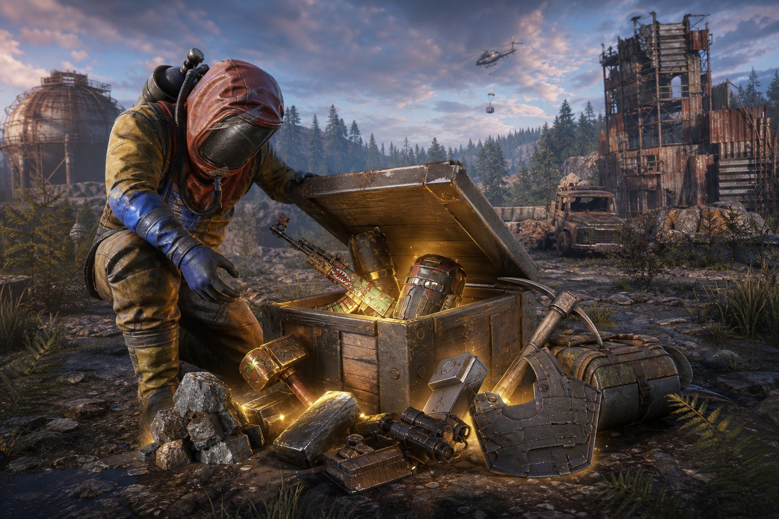 A post-apocalyptic survivor in a gas mask opens a glowing loot chest filled with weapons and gear in a ruined landscape