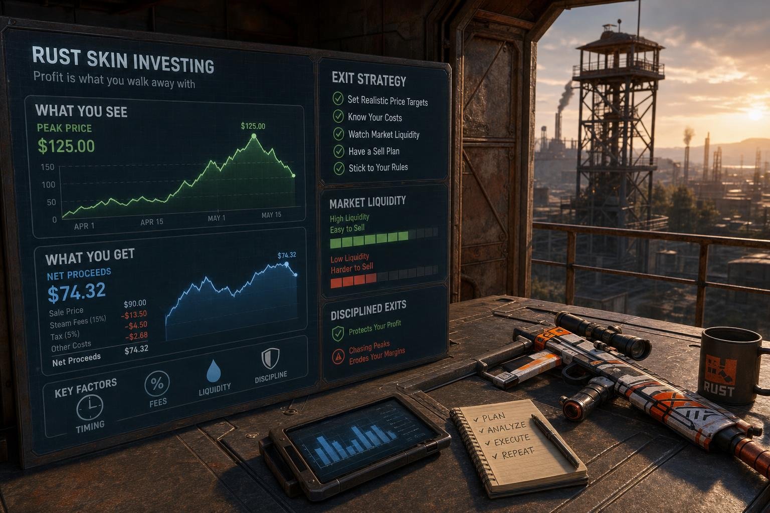 A futuristic workspace showing holographic financial charts, robotic hands handling rust-colored coins, and digital icons representing valuation, fees, and exit planning with a modern city in the background.