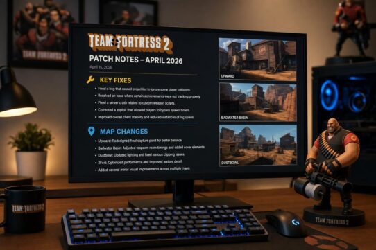 Team Fortress 2 Patch Notes – April 2026 displayed on a monitor, listing key bug fixes and map changes for Upward, Badwater Basin, Dustbowl, and 2Fort