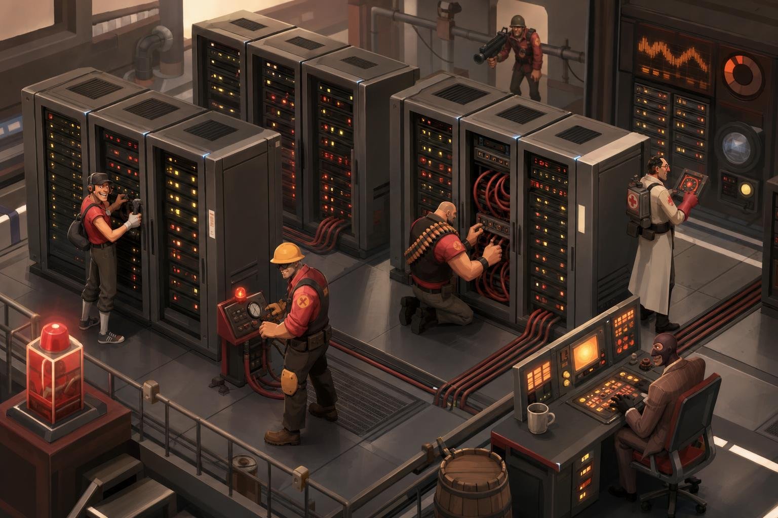 TF2 Patch Notes April 2026: Key Fixes and Map Changes 16 A detailed isometric view of a server room with technicians working on servers and holographic interfaces, showing a high-tech environment focused on system maintenance.