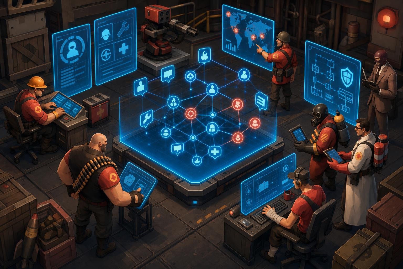 TF2 Patch Notes April 2026: Key Fixes and Map Changes 15 A futuristic control room where developers work on fixing a software issue, surrounded by floating holographic screens and digital equipment.