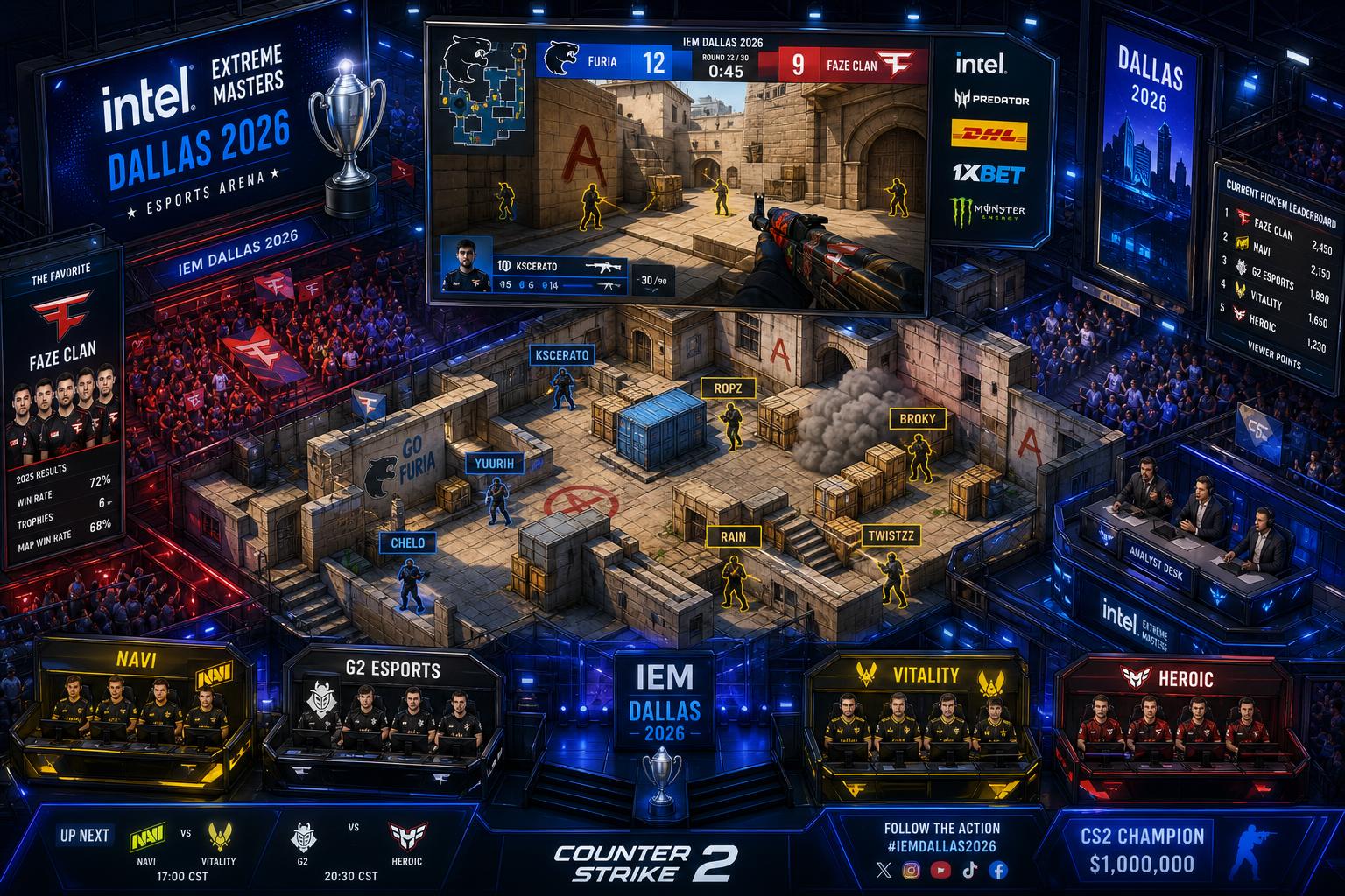 A detailed isometric view of an esports arena with players competing in a Counter-Strike 2 tournament, surrounded by fans and digital screens showing gameplay.