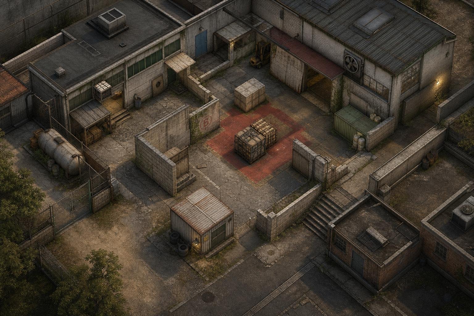 CS2 Cache Callouts: Quick-Reference Cheat Sheet 14 A detailed isometric view of a tactical urban map section showing warehouses, crates, staircases, and narrow alleys arranged in a strategic layout.