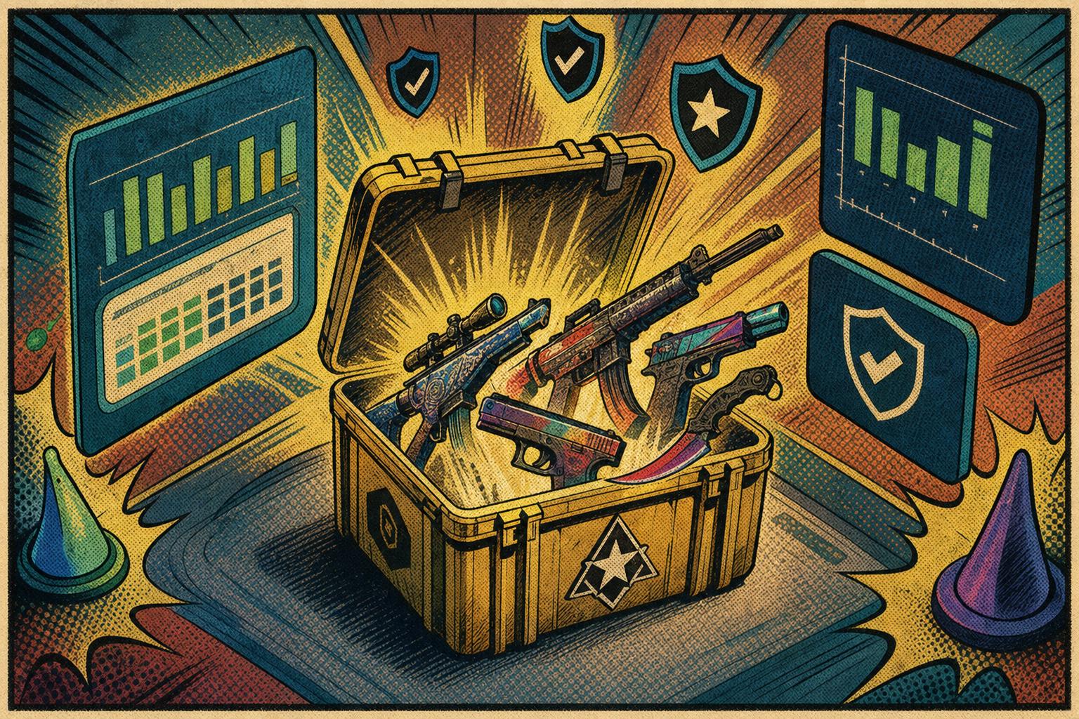 A digital case opening with virtual items floating above it, surrounded by charts and icons representing odds, expected value, and risk controls.