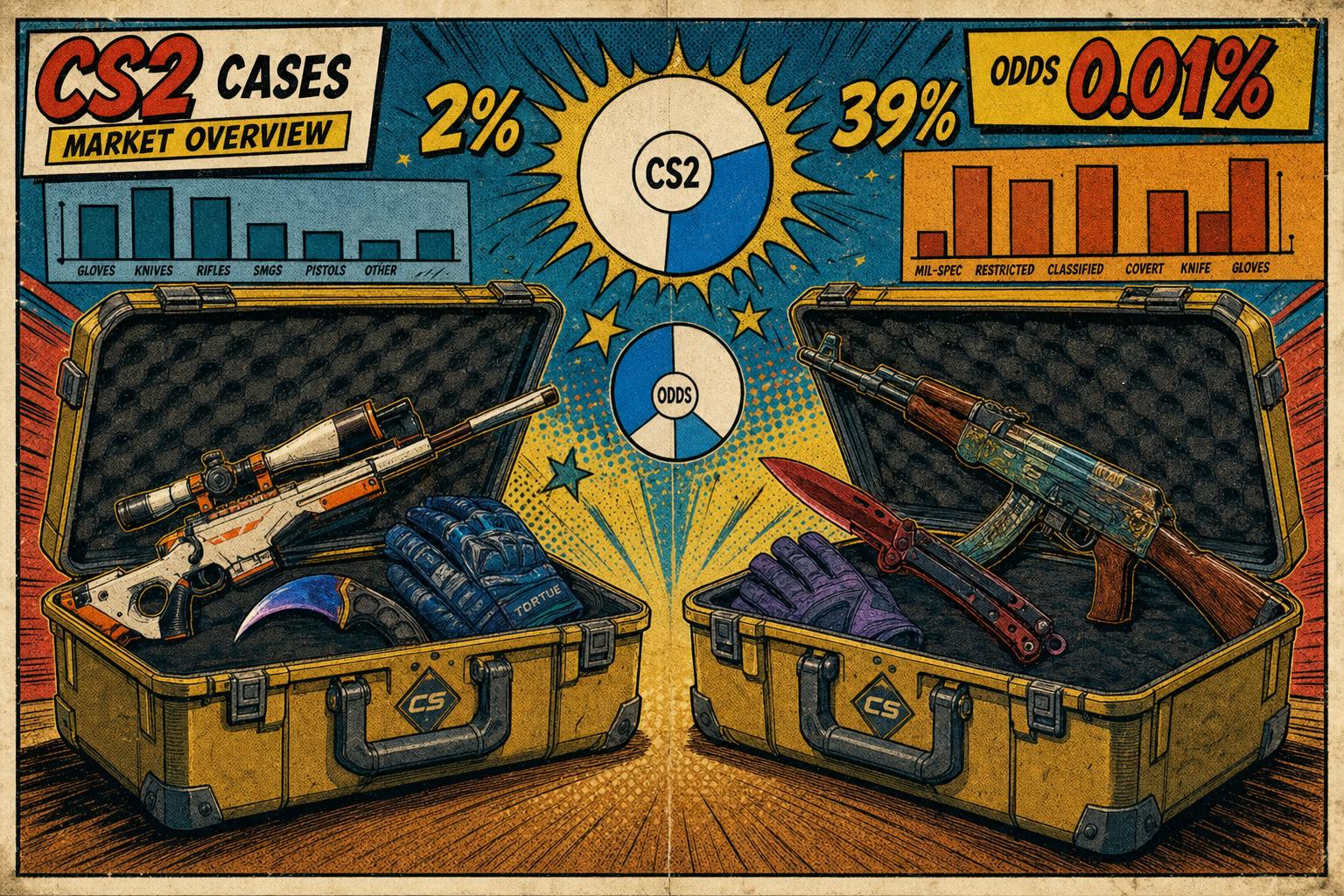 Two transparent cases filled with colorful weapon skins side by side, with floating charts and percentage bars above them showing odds and expected values.