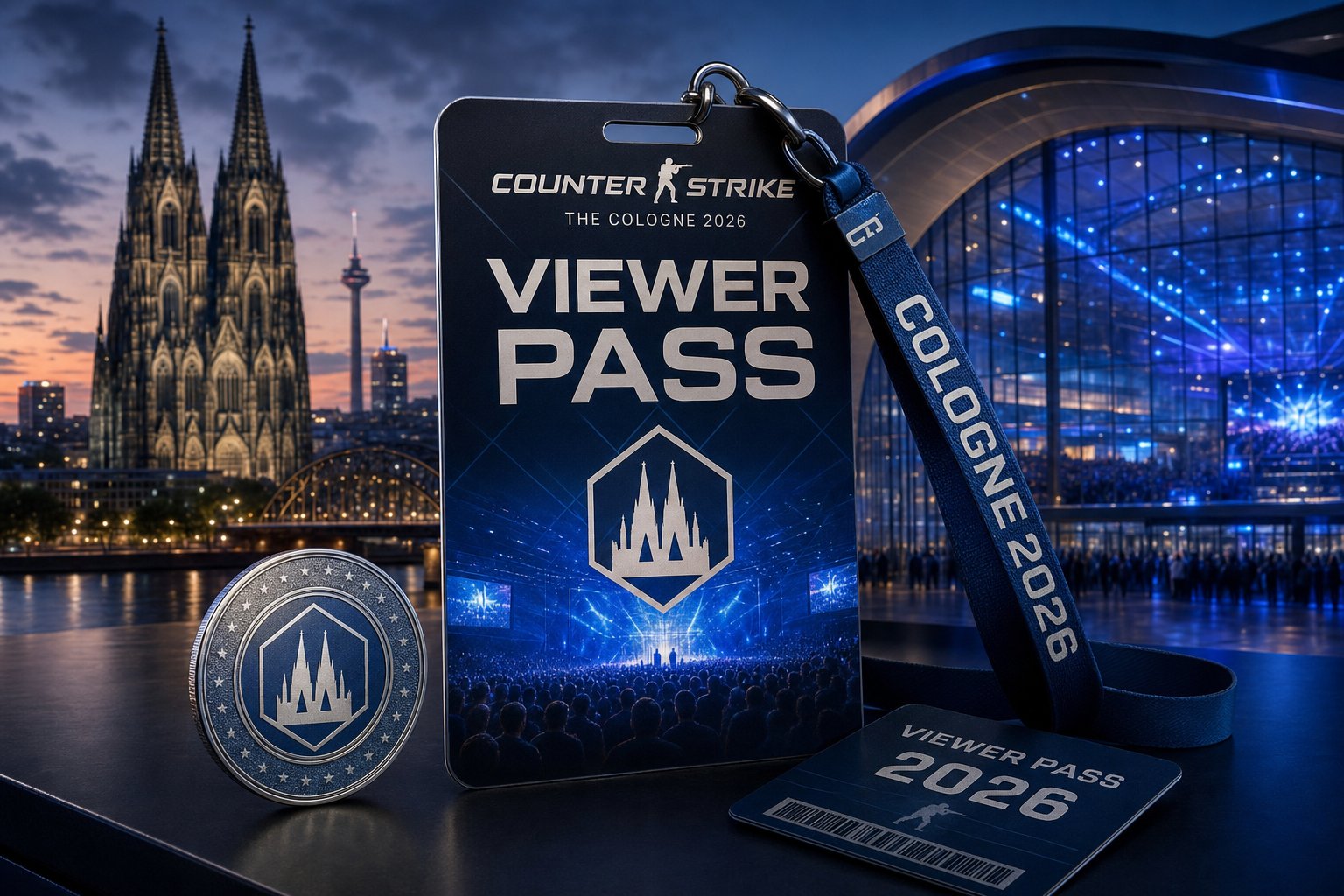 A large modern convention center with people interacting at digital kiosks and virtual reality stations, set against a city skyline with Cologne landmarks.