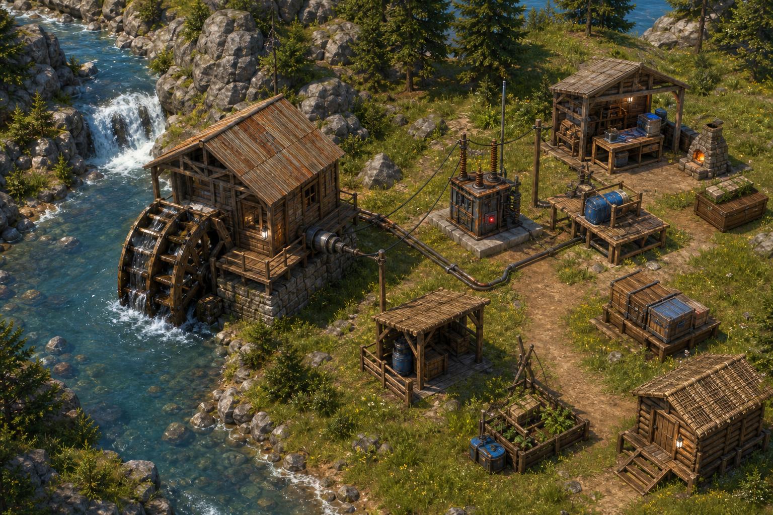 A small wooden watermill beside a river powering early-game utility buildings in a green outdoor setting.