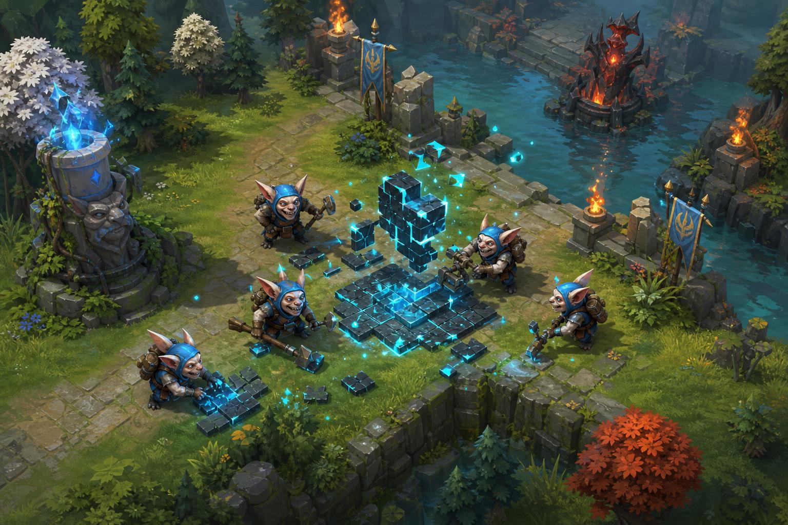 Dota 2 Meepo Glitch Fixed: What Changed in the May 1 Update 16 Multiple small fantasy characters working together on a detailed game battleground surrounded by trees and stone pathways.