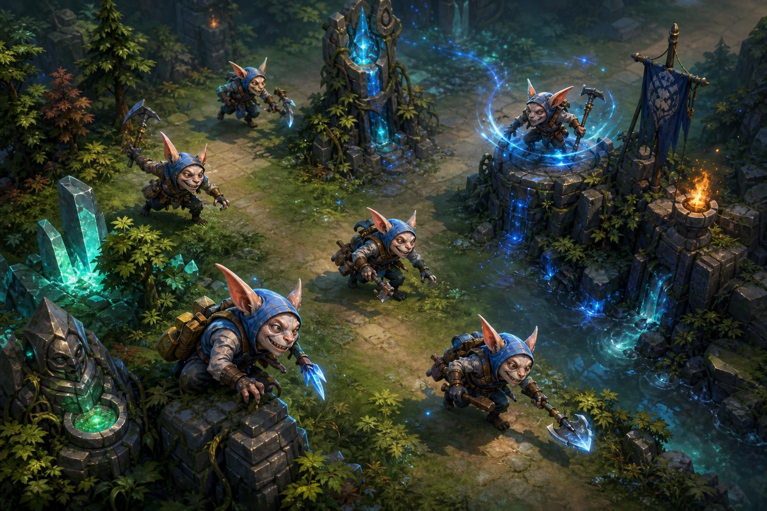 Dota 2 Meepo Glitch Fixed: What Changed in the May 1 Update 15 Multiple Meepo characters in a fantasy battlefield working together with glowing magical effects and ancient ruins in the background.