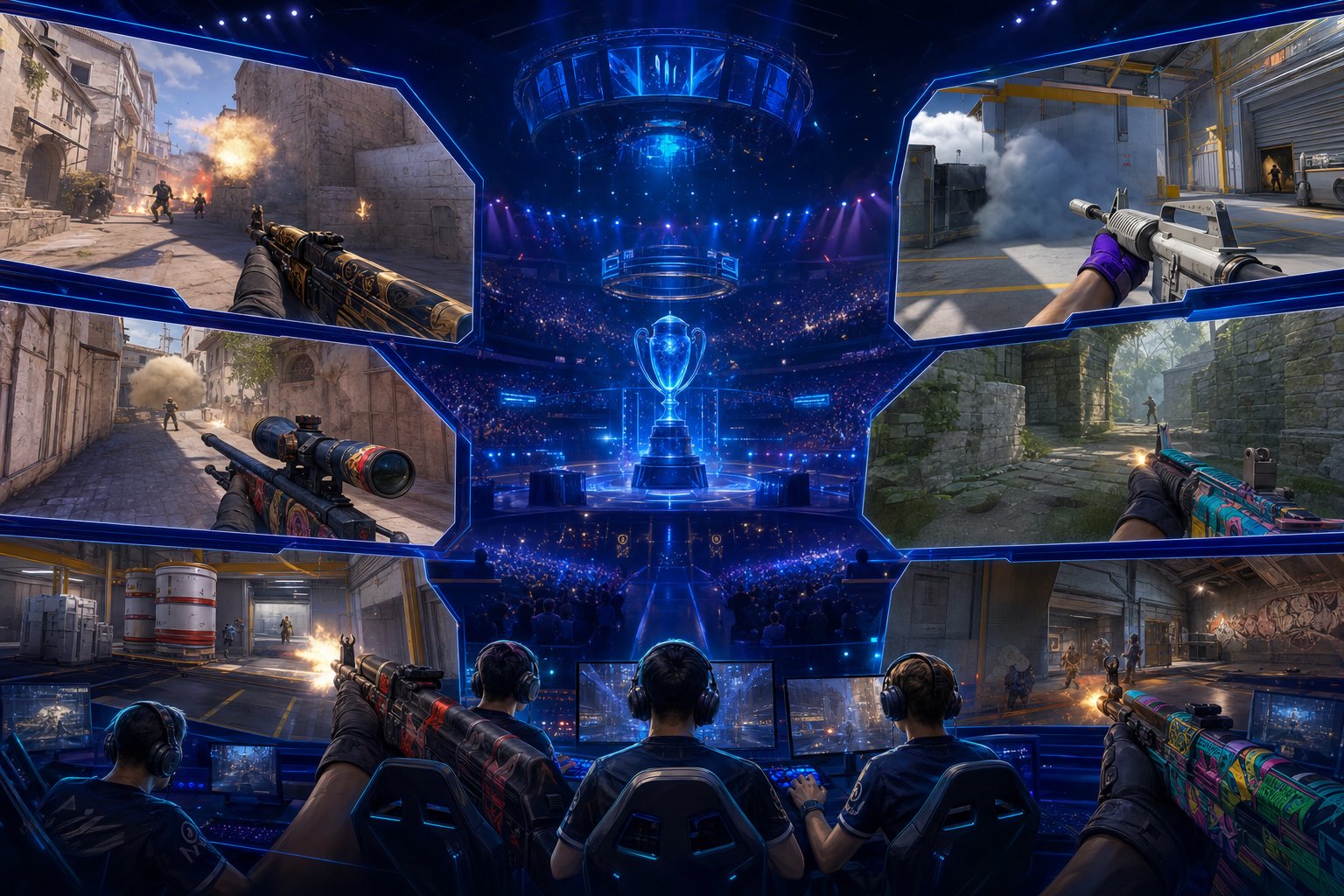 A futuristic event center with people interacting around holographic screens showing esports tournament data and live matches, with a cityscape in the background.