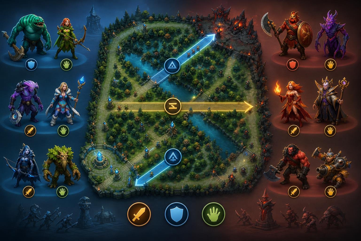 Top-down view of a Dota 2 map showing three lanes with beginner heroes positioned in their typical starting roles for a strategic overview.