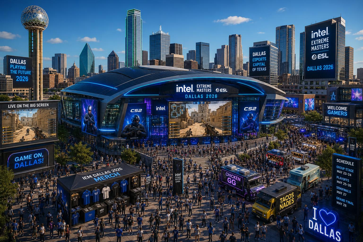 A lively city scene showing Dallas landmarks and a large esports arena with crowds watching competitive gaming during a major event.