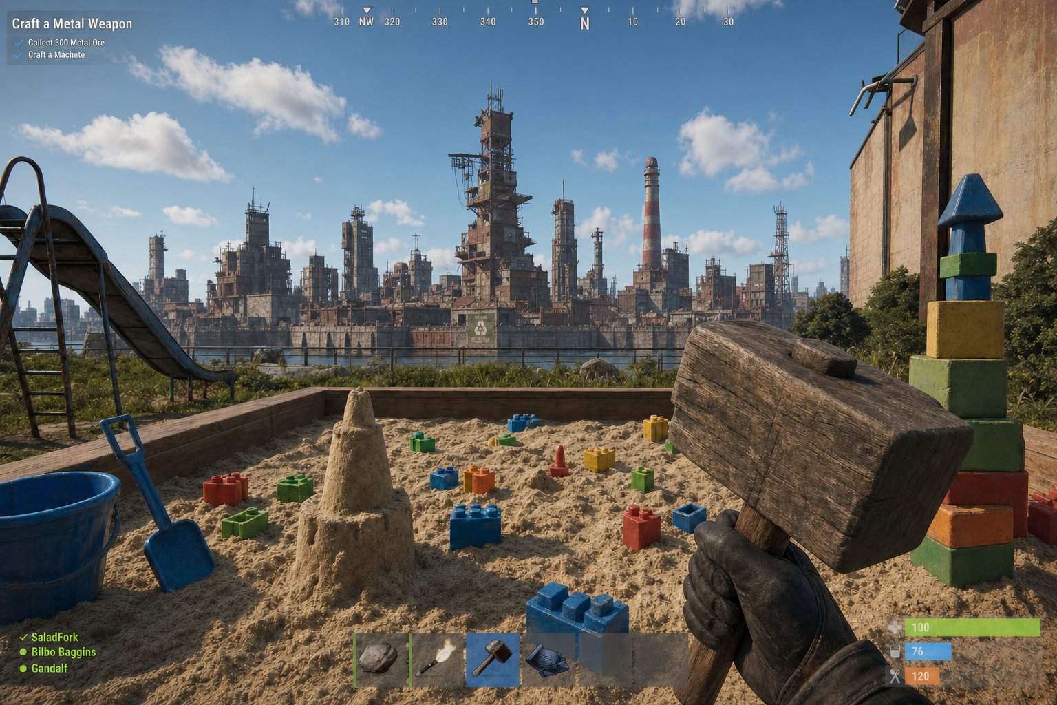 A large sandbox with colorful building blocks and a modern city skyline in the background under a clear blue sky.